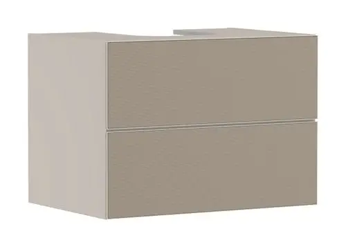 Waschtischunterschrank in sandbeige Matt von Hansgrohe, ausgestattet mit zwei Schubkästen, für einen Aufsatzwaschtisch. Moderne, schlichte Gestaltung.